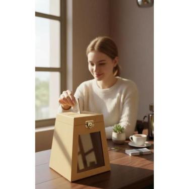 Imagem de 2x Urna Sorteio Cofre MDF Cru 18cm c/ Fecho e Visor - Congratulations 