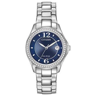 Imagem de Citizen Relógio feminino clássico Eco-Drive, aço inoxidável, cristal, Pulseira de prata, mostrador azul, One Size, Cristal silhueta Eco-Drive FE1140-86L