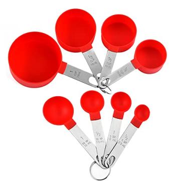 Imagem de FUYTERY Conjunto de copos e colheres medidores de 8 peças utensílio de cozinha empilhável de aço inoxidável (vermelho)