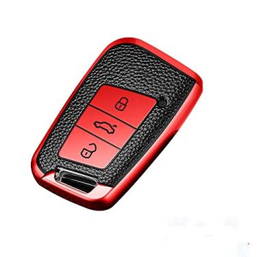 Imagem de CSHU TPU couro capa para chave do carro capa chaveiro anel chave bolsa, adequado para VW Volkswagen Magotan Passat B8 Skoda Superb Kodiaq A7, vermelho