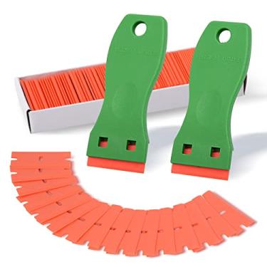 Imagem de FOSHIO 2 peças de raspadores de tinta removedor de adesivos de plástico verde com aderência contornada + 100 peças de lâminas de barbear de plástico de borda dupla recarregáveis de 3,8 cm para limpeza