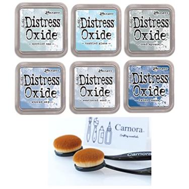 Imagem de Tim Holtz Tinta de óxido Ranger Distress, 6 tons de azul/cinza claro, ovo salpicado, vidro polido, abeto gelado, céu tempestuoso, madeira desgastada, jeans desbotado, 6 tintas, 2 pincéis de mistura de tinta Carnora, 8 itens