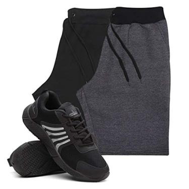 Imagem de KIT 2 Bermudas Masculina Moletom Conforto + Tenis Masculino Running Academia - Bermudas Preto/Grafite M - Tenis Preto - 40