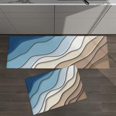 Imagem de Conjunto de 2 tapetes de cozinha ombré azul marrom moderno geométrico abstrato praia para tapetes acolchoados e tapetes antiderrapante absorvente corredor confortável tapete de pé