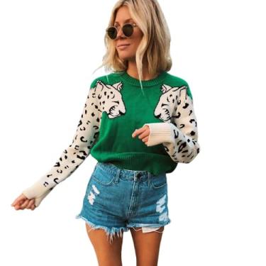 Imagem de LUBOSE Pulôver feminino de gola redonda, pulôver feminino solto de malha de manga comprida, suéter pulôver fashion feminino, suéter feminino estampado de leopardo (XG, verde)