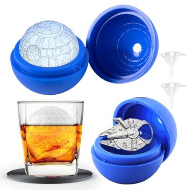 Imagem de Molde de cubo de gelo Star Wars Death Star, molde redondo para uísque, bourbon, coquetéis (2 pacotes + abridor de garrafa Millennium Falcon + porta-copos + bolsa estrelada)