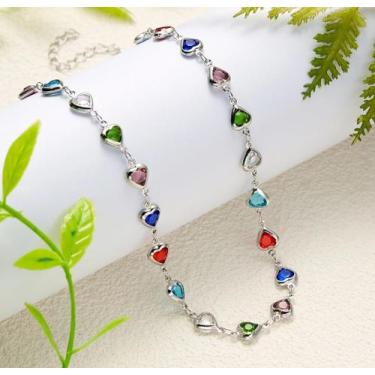 Imagem de Kit Conjunto Colar Choker e Pulseira com elos Corações Cristal Colorid