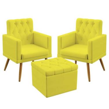 Imagem de 2 Poltronas Nina Com Rodapé E Capitonê Com Puff Quasar Sued Amarelo Ar