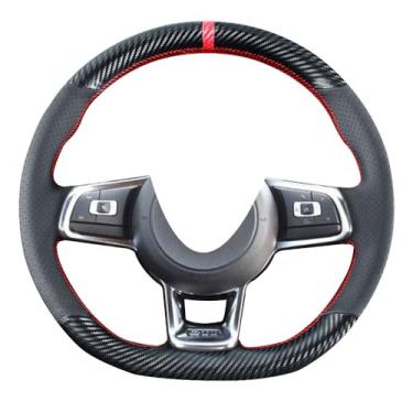 Imagem de Kivnto Capa de volante de fibra de carbono com costura DIY para Volkswagen VW Golf GTI 7 MK7 Golf R Jetta 2.0T GLI 2015 2016 2017 2018 2019 2020 2021 Preto 38.1 cm Acessórios interiores de couro