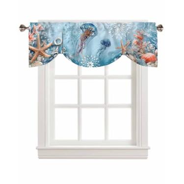 Imagem de Cortinas de amarrar água-viva náutica para janelas, azul oceano laranja estrela do mar coral floral haste bolso cortinas de amarrar para janela curta ajustável para cozinha, sala de estar, banheiro