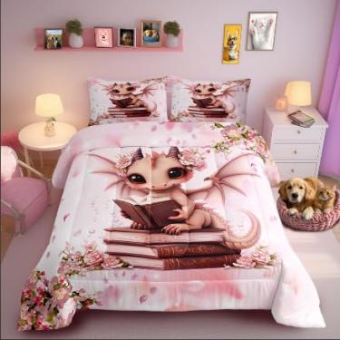 Imagem de Conjunto de edredom infantil de desenho animado de fantasia de animal mágico para decoração de quarto, rosa pêssego flores de microfibra escovada, capa de edredom macia, casal