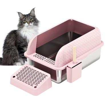 Imagem de X Grande Caixa de Areia para Gatos de Aço Inoxidável Gabinete de Tampa Coberta de Lado Alto Inclui Colher de Areia com Suporte Tapete de Trapping Suprimentos Essenciais para Gatos de Interior (Rosa