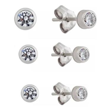 Imagem de Kit Com 3 Brincos Redondo Zirconia Segundo Furo Prata 925