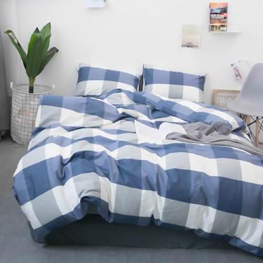 Imagem de HighBuy Conjunto de edredom casal, xadrez, branco, azul, com fronhas combinando, para meninos e homens, estampa quadriculada, decoração de casa, edredom para todas as estações
