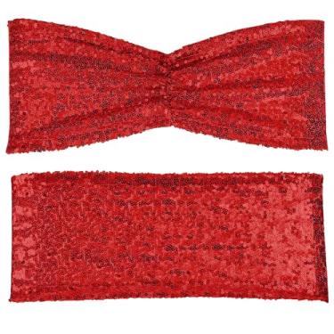 Imagem de 10/50 peças faixas de cadeira dobráveis com lantejoulas douradas fúcsia opcionais, capas de cadeira dobráveis com laço para decorações de festa de casamento, banquete e recepção, vermelho, 10 peças