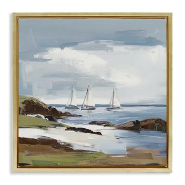 Imagem de Stupell Industries Tela flutuante dourada nuvens sobre veleiros design de arte de parede de Elara Yasna, 45,7 x 45,7 cm