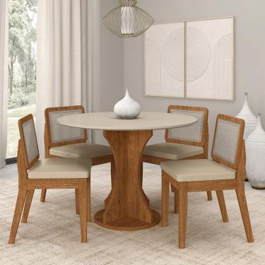 Imagem de Mesa Redonda Andria 4 Cadeiras Sextavadas Freijó/off/corino Bege - M.a