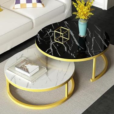 Imagem de Mesas De Centro Aninhadas Conjuntos De Mesa De Sala De Estar Simples, Mesas Laterais De Sofá Com Aparência De Mármore Redondas Com Estrutura De Metal Preto Conjuntos, Gold Frame, 80cm+60cm