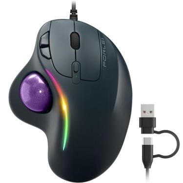 Imagem de PORLEI Mouse Trackball com fio com iluminação RGB, controle ergonômico do polegar para reduzir a tensão muscular, 5 DPI ajustáveis, conectividade USB-C e USB-A dupla, compatível com PC, laptop, Mac