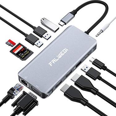Imagem de FALWEDI Monitor Daul Da Estação de Acoplamento para Laptop, Dongle Adaptador Multiporta de Hub Usb C 12 Em 1 com 2 Hdmi, Vga, Pd, Ethernet, Sd/Tf, Portas A, Microfone/Áudio, Compatível para Macbook/De