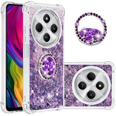 Imagem de Fofvccv Capa para Xiaomi Redmi 14C 4G Glitter com Suporte de Anel de Diamante, Amortecedor de TPU Transparente Macio Bling Feminino Bonito Líquido Areia Movediça Capa para Xiaomi Redmi 14C 4G LSZ Roxo