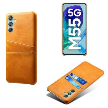 Imagem de Capas Compatível com Samsung Galaxy M55,Caso de couro PU-Tampa de telefone a prova de choque com 2 slots de cartão,Proteção anti-impressão digital e anti-gota-Yellow