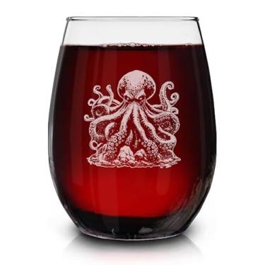 Imagem de Kraken Octopus Taça de vinho vintage gravada sem haste - Presente temático de criatura do mar do oceano - Presentes de aniversário exclusivos - Presente para amantes de polvo Kraken - Taça de vinho