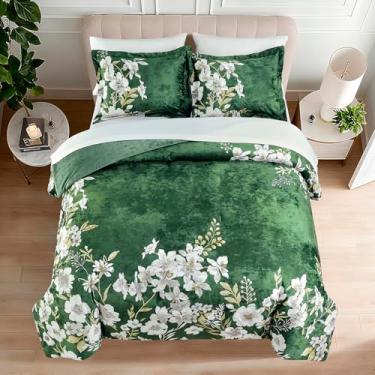 Imagem de Sunshine Nicole Conjunto de edredom reversível, frente de veludo envelhecido estampado e reverso de veludo envelhecido, 3 peças verde escuro, com enchimento de poliéster macio