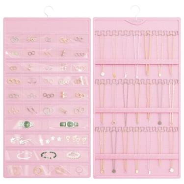 Imagem de Bosuelife Rolo organizador de joias pendurado, suporte de colares de dupla face, 42 bolsos mais 36 ganchos organizador de brincos pendurado no armário, na parede ou portas, rosa