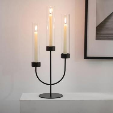 Imagem de Sziqiqi Suporte de vela de candelabro preto: suporte de castiçais de 3 braços decoração com furacão de vidro para mesa de jantar centro de mesa - Candelabro de metal para lareira de jantar ao ar livre