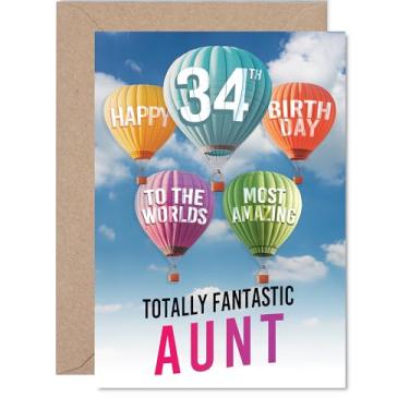 Imagem de Giftzie Cartão de aniversário Aunt 34th - Balão de ar quente mais incrível - Cartão de feliz aniversário para tia de 34 anos de idade de sobrinho de sobrinho, balões A5 cartões comemorativos estrelas