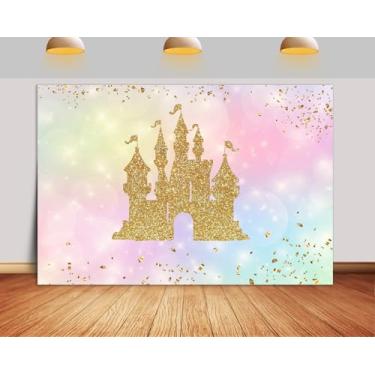 Imagem de Pano de fundo de castelo de princesas de 2,8 x 1,8 m em aquarela, arco-íris pastel, fita de fogos de artifício dourados, pano de fundo para decoração de festa de meninas, faixa de fotos