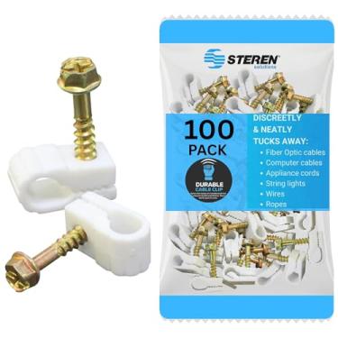 Imagem de STEREN Clipes de cabo coaxial - Suporte de cabo - Clipes de arame - Clipes de revestimento para pendurar - Suporte de cabo para mesa - Grampos de cabo (branco, 100 unidades - Mini parafuso)