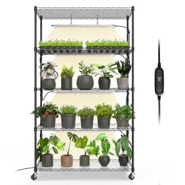 Imagem de Bstrip Prateleira de plantas com luz de cultivo com temporizador, suporte de metal para plantas com suporte ajustável e rodas, pacote com 4 tiras de luz de cultivo de espectro total de 24 W para