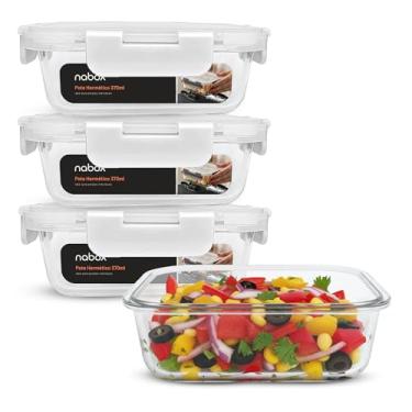 Imagem de Kit 4 Potes de Vidro Retangular com Tampa Flexível 370ml (Branco)