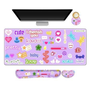 Imagem de Lauspuck Conjunto de tapete de mesa com teclado e mouse, mouse pad roxo grande para jogos + descanso de pulso para teclado + tapete de pulso + porta-copos ergonômico, com espuma de memória, adesivos