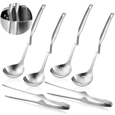 Imagem de 6 peças de conchas de sopa, colheres de filtro, pinças de panela quente para casa ou restaurante, kit de conjunto quente de panela Shabu Shabu, utensílios de cozinha furados de cabo longo, adequado