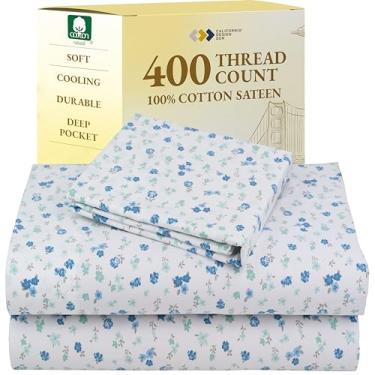 Imagem de California Design Den Conjunto de lençóis de solteiro com padrão floral, lençóis de luxo 400 fios 100% algodão, (prados florescendo)