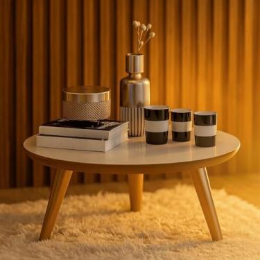 Imagem de Mesa de centro redonda em PVC estilo retrô com pés em formato de fuso, ideal para decoração de salas de estar modernas(Off-Freijó/Caramelo)