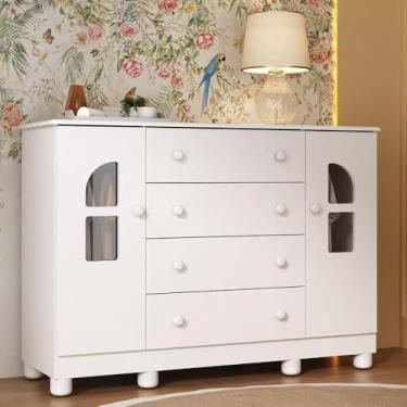 Imagem de Cômoda Infantil 125cm 2 Portas com Vidro e 4 Gavetas Nina Multimóveis Mp4506 Branco