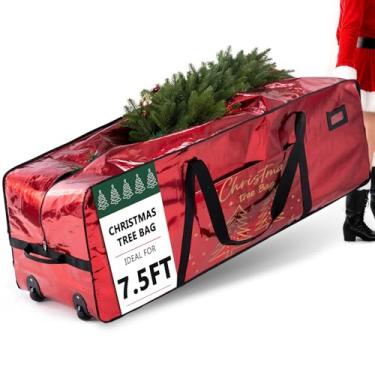 Imagem de IMAGINING Bolsa de armazenamento de árvore de Natal, serve para oficiais de Natal de 6/2,3 m, bolsa com zíper com alças e rodas de transporte reforçadas, vermelha (apenas bolsa)