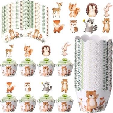 Imagem de Widecook 96 peças de topos e envoltórios de cupcake da floresta, animais da floresta, decorações de bolo, safári, zoológico, palhetas e forros de cupcake para chá de bebê, artigos de festa de