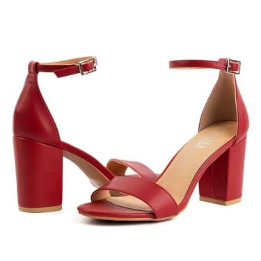 Imagem de MUSSHOE Sandálias femininas de salto grosso, bico aberto, fivela no tornozelo, com tiras, vestido de festa, sapatos escarpim 7,6 cm, Vermelho, 8 Wide