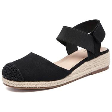 Imagem de Veittes Sandálias femininas de salto plataforma alpargata, fecho de gancho e laço com tira elástica no tornozelo, sola de borracha leve, palmilha confortável, sandálias casuais de verão, Preto, 37