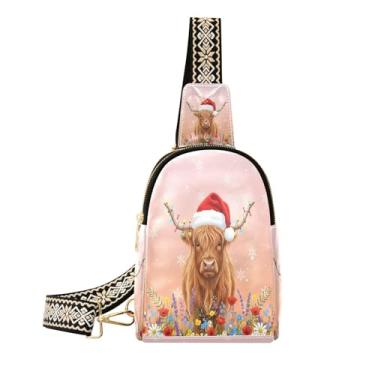 Imagem de CEBUGI Highland Cow pequena bolsa tiracolo feminina de couro, pochete tiracolo para trilhas, viagens ao ar livre