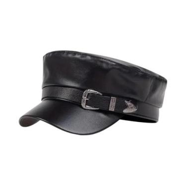 Imagem de Chapéu De Marinheiro De Couro Com Grande Fivela, Boina Preta Para Mulh
