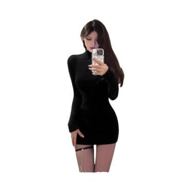 Imagem de Vestido Mini Bodycon Preto De Gola Alta Com Mangas Longas E Pregas Par