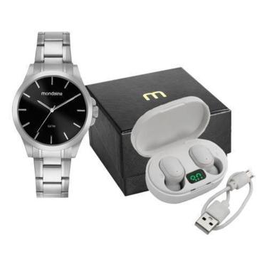 Imagem de Relógio E Fone De Ouvido Mondaine Masculino Casual Prata Prateado Prateado Preto-Masculino