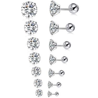 Imagem de Tornito Conjunto de 7 pares de brincos de aço inoxidável 18G 20G de zircônia cúbica redonda para homens e mulheres 2 mm - 8 mm prateado, 8 millimeters, Aço inoxidável, Zircônia cúbica