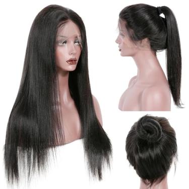 Imagem de Perucas de cabelo humano 360 para mulheres negras Yaki sem cola, peruca de cabelo humano liso liso com frente de renda, cabelo humano pré-arrancado, cabelo virgem brasileiro 360, 150% densidade, 45